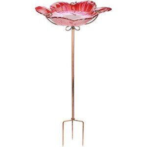 Outdoor Bird Bath Glass Birdbath Garden Birdfeeder with Metal Stake Red
